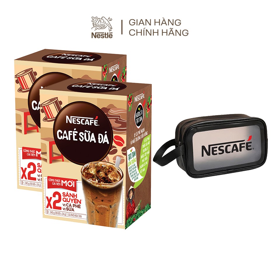 [Tặng túi đựng mỹ phẩm Nescafe] Combo 2 hộp Nescafé cà phê sữa đá (hộp 10 gói x 24 g)